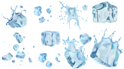 Set of flying melting ice cubes, isolated on white background