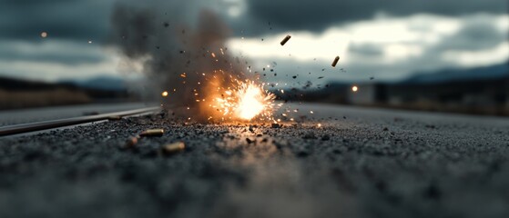 A dramatic explosion sends debris flying over a desolate road under a cloudy sky, evoking tension and cinematic flair.