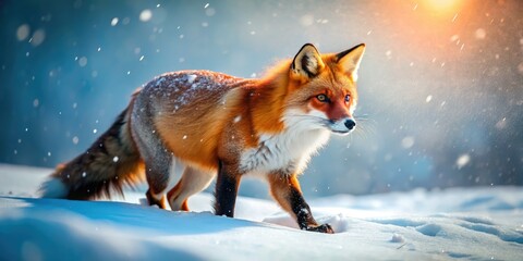 Obraz premium A vibrant red fox, surreal and striking, leaps through a snowy, dreamlike winter landscape.