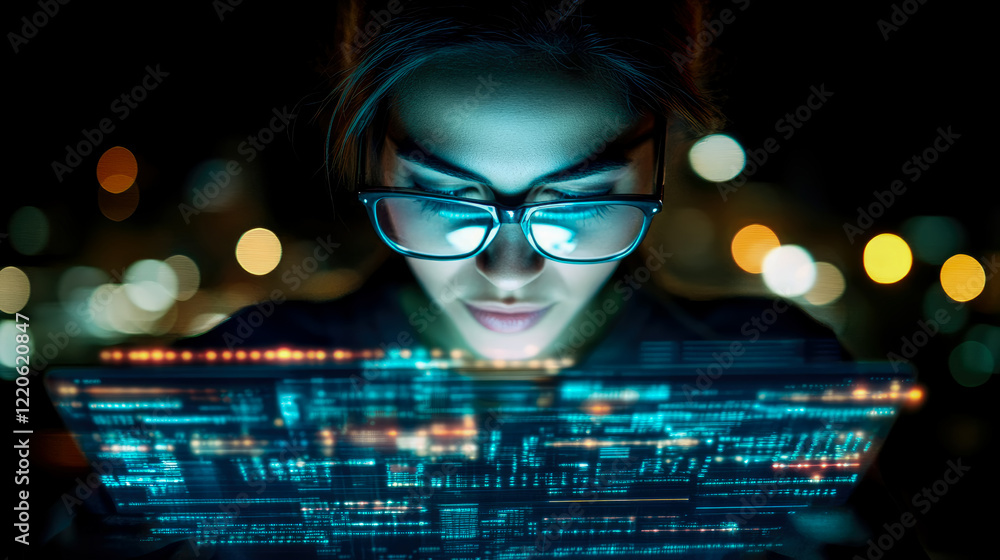 Poster night coder: woman in glasses working on a glowing screen