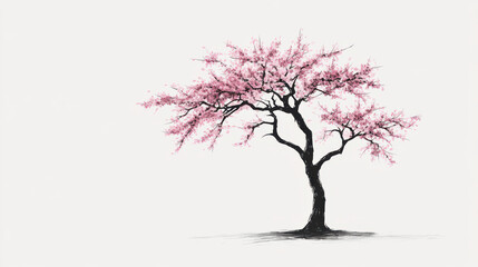 Obraz premium A minimalistic ink drawing of a single cherry blossom tree, bold black outlines with delicate pink highlights, stark contrast between the tree and a blank white background