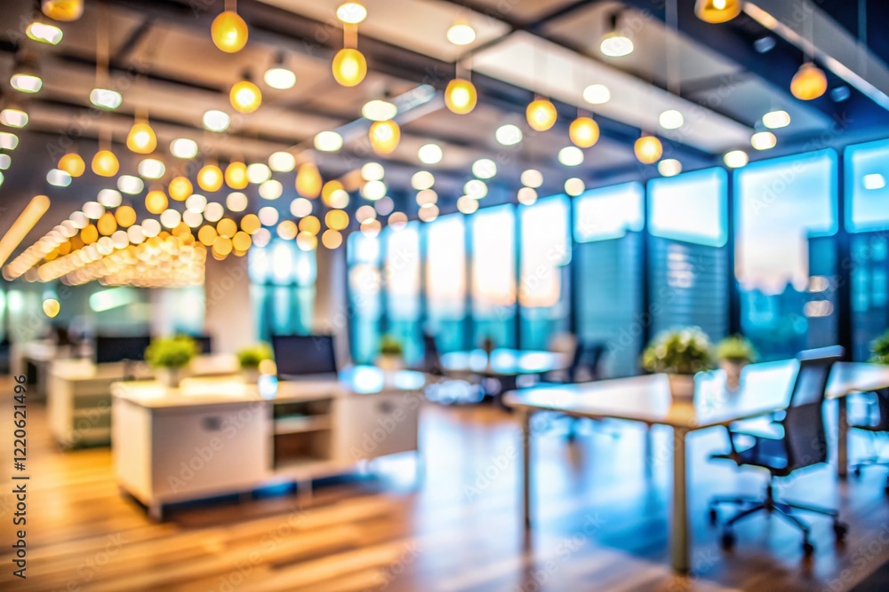 Poster blurred empty modern office space with abstract bokeh lights - architectural photography