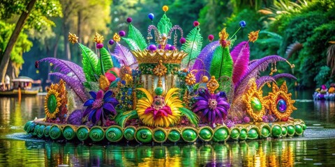 Obraz premium Vibrant colorful feathers and sequins on a Mardi Gras float in bright lights, surrounded by lush greenery, reflecting on sparkling water , colorful feathers, carnival decorations