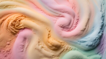 Obraz premium Abstract pastel powder swirls in a vibrant color gradient, creating a textured, artistic background.