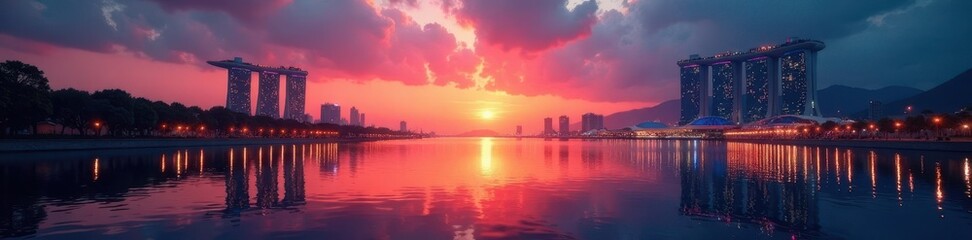 Glittering towers reflected in dark water, vibrant sunset, sunset, spectacular, magnificent