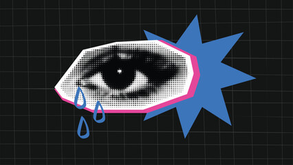A trendy halftone collage illustration with a crying womans eye