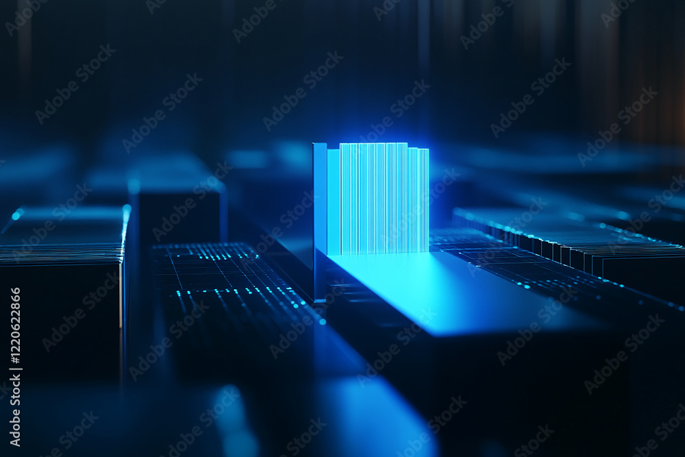 Poster futuristic digital display with blue glowing bars and abstract grid design. business background