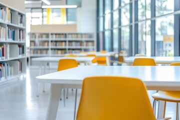 Blurred background of a modern school library interior with white tables and chairs, bookshelves, and bright windows. Abstract blurry scene for an educational or social concept. 