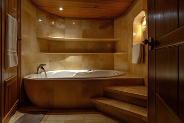 A luxurious interior design style bathroom featuring a modern jacuzzi tub, warm lighting, and elegant wooden accents. The space is designed for relaxation with a serene atmosphere.