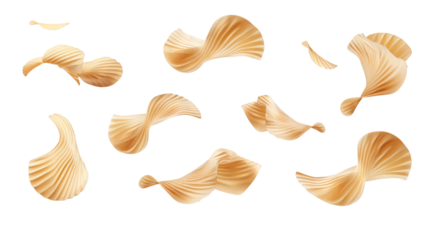 Set of flying delicious potato chips, isolated on white background.