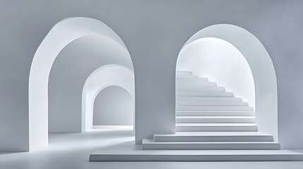 Fototapeta premium White Architectural Structure With Arched Pathways And Staircase