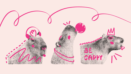 A quirky capybara halftone photocopy illustration with vibrant pink doodles, perfect for playful designs and campaigns