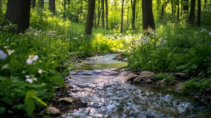 Obraz premium Gentle brook flowing through a flower-filled forest glade