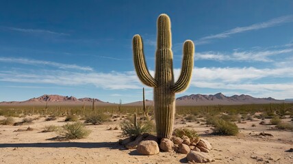 A solitary cactus standing tall in a vast desert landscape under a clear blue sky. The sand and rugged terrain emphasize resilience and the stark beauty of arid ecosystems