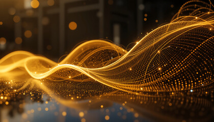 Golden binary waves data flow flow over reflective surface in digital transformation