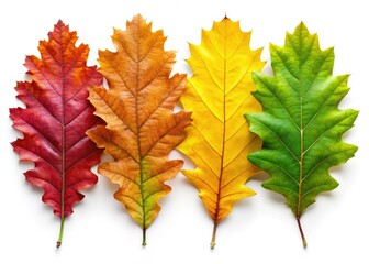 Obraz premium Crisp autumn oak leaves, isolated on white, showcasing vibrant fall foliage.