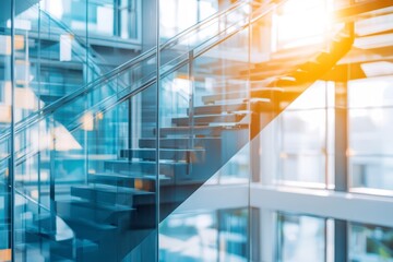 Obraz premium Blurred modern glass building interior with stairs and stair railings for background or backdrop use. Abstract blurry office corridor, panoramic view. Minimalist style of blurred scene.