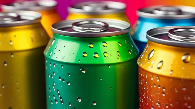 Colorful aluminum cans of soda background. Top view, macro. Recycle metal can with water drops . Beer, carbonated water, cola, energy drinks cans. Recycling concept. Closeup view of many beverage cans