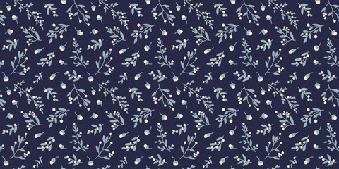 Hand-drawn botanical motif in navy, dusty blue and cream. Seamless pattern. 