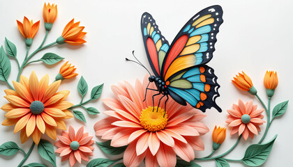 Colorful quilling butterfly resting on vibrant flower, artistic creation