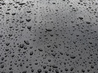 The black hood of the car looks wet after the rain