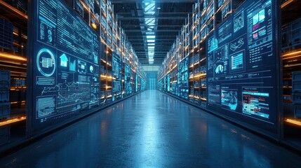 Obraz premium Futuristic Warehouse Displays Data Analytics Information