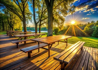 Minimalist Empty Picnic Tables on Wooden Deck - Stock Photo