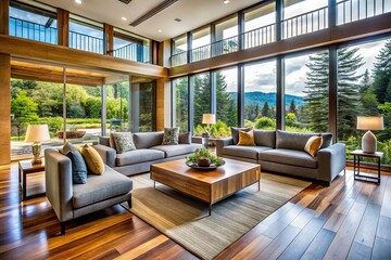 Fototapeta premium Modern Minimalist Living Room with Large Windows & Wooden Accents - Stock Photo