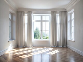 Bright Minimalist Empty Room Interior Design Stock Photo: White Walls, Window, Curtains