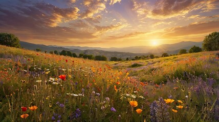 A sprawling meadow filled with colorful wildflowers like daisies, poppies, and lavender, under a golden sunset sky. Butterflies and bees are visible, evoking feelings of tranquility and biodiversity