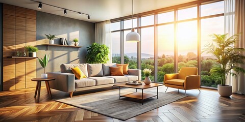 Fototapeta premium Bright Modern Living Room Interior Design with Copy Space for Text