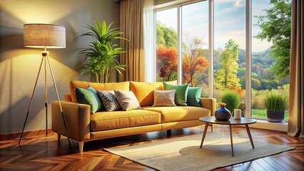 Fototapeta premium Bright Modern Living Room with Cozy Couch & Elegant Floor Lamp - High-Resolution Stock Photo