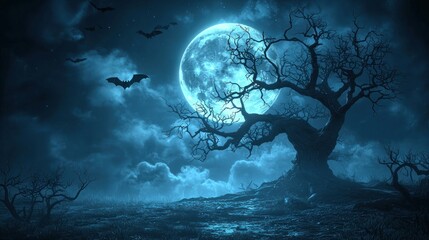 Naklejka premium A Spooky Halloween Night Scene With Bats and a Dead Tree