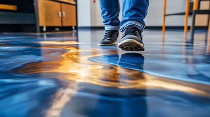 Fototapeta premium A metallic epoxy floor in blue and gold, featuring a person's feet, set in a contemporary industrial space.
