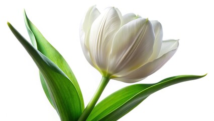 Fototapeta premium Pristine White Fosteriana Tulip Flower with Green Leaves Isolated on White - High Resolution Stock Photo