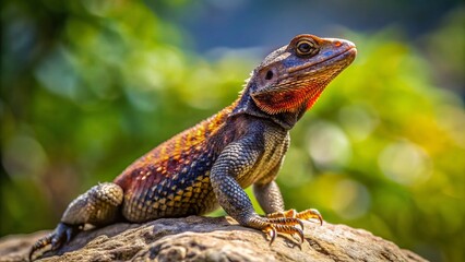Fototapeta premium Brown & Black Lizard Basking on Gray Rock - Reptile Stock Photo