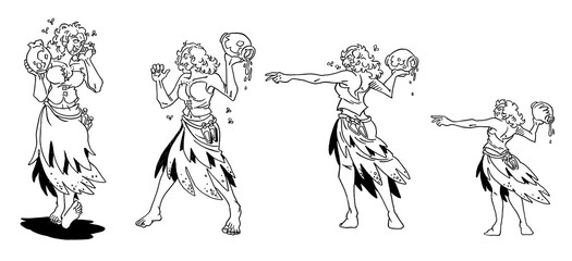 Set with a red hair witch who is about to throw a blue vase, full off honey, without bottom, drawn by hand.