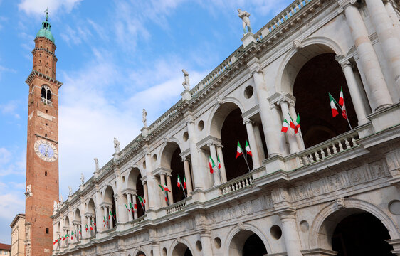Vicenza, VI, Italy - June 1, 2020:  monument called BASILICA PALLADIANA  with ancient tower