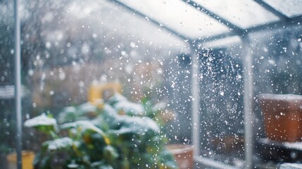 Hailstorm hitting a glass greenhouse, ice pellets bouncing off the transparent roof