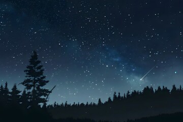 Naklejka premium A hyper-realistic nighttime landscape featuring a clear, star-filled sky with the Milky Way prominently visible across the scene. The stars vary in brightness, creating depth and dimension in the vast