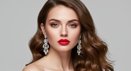 Fototapeta premium A portrait of a glamorous woman with flowing brown hair bright red lipstick and radiant skin wearing elegant chandelier earrings with large diamonds