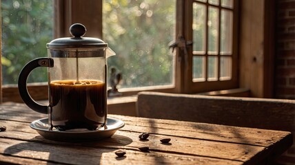 A steaming cup of freshly brewed coffee placed on a wooden table near a cozy window with soft morning light streaming in. Coffee beans and a vintage French press are scattered around