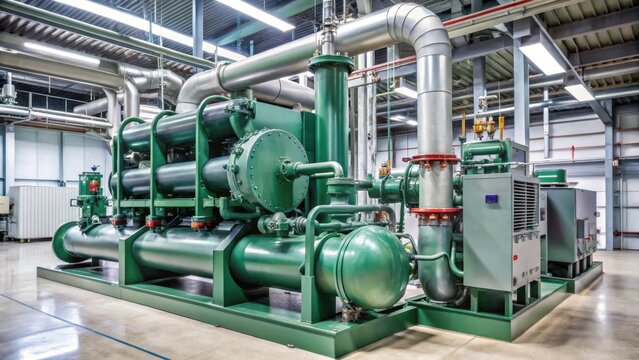 Centrifugal chiller system in operation with pumps and condenser, showing coils and pipes , refrigeration, mechanical systems