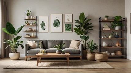 A stylish, minimalist living room featuring a collection of potted indoor plants, such as monstera, fiddle-leaf fig, and snake plants, arranged on wooden shelves and in ceramic pots. 