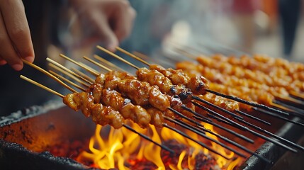 Cooking skewers over fire at outdoor food stall