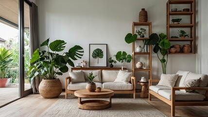 A stylish, minimalist living room featuring a collection of potted indoor plants, such as monstera, fiddle-leaf fig, and snake plants, arranged on wooden shelves and in ceramic pots. 