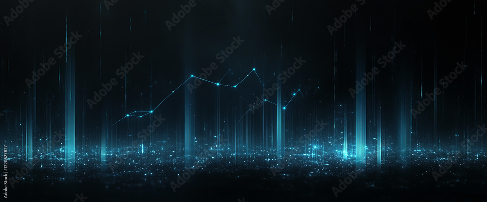 Poster futuristic digital landscape with glowing blue data points and vertical lines on a dark background. 