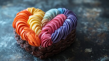 Heart-shaped cake close-up is beautifully decorated with layers of vibrant rainbow LGBT frosting, ready to celebrate love and inclusivity. Concept of love for LGBT. Valentine's Day. With copy space