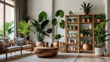A stylish, minimalist living room featuring a collection of potted indoor plants, such as monstera, fiddle-leaf fig, and snake plants, arranged on wooden shelves and in ceramic pots. 