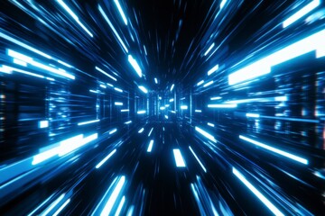Fototapeta premium Dark blue background with light beams and glowing lines, creating an abstract, tech-inspired visual effect. The glowing lines create depth in the dark space.